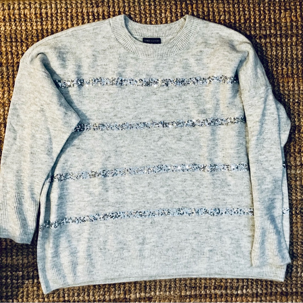 Vince Camuto Crewneck Sequin Stripe Long Sleeve Sweater-Large-Holiday Sparkle - Picture 2 of 7